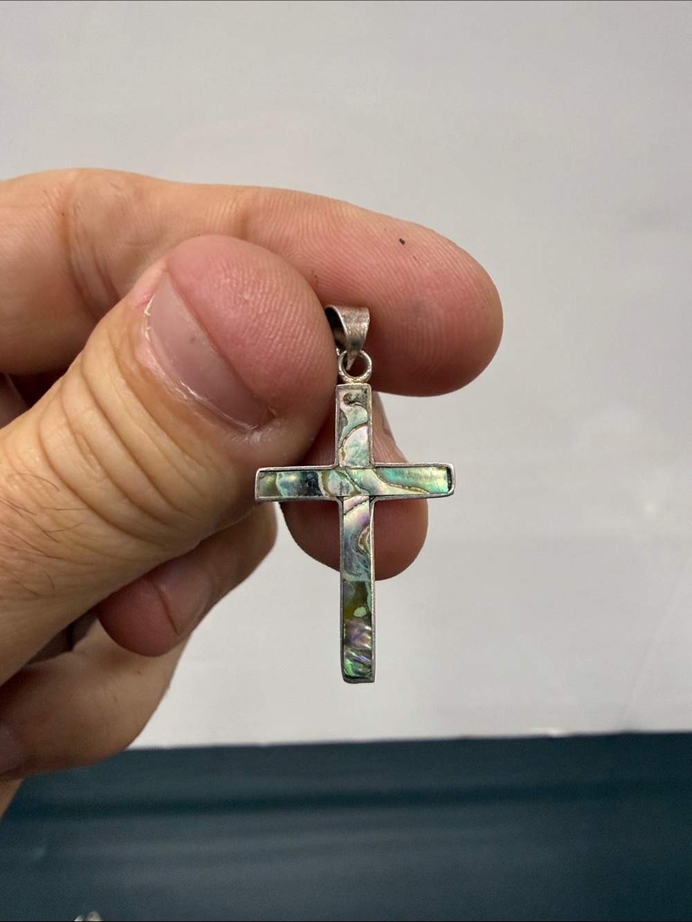 Sterling Silver Abalone Inlay Cross Pendant Necklace - Iridescent Green